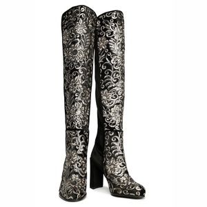 STUART WEITZMAN Gold Embellished Velvet Boots 9